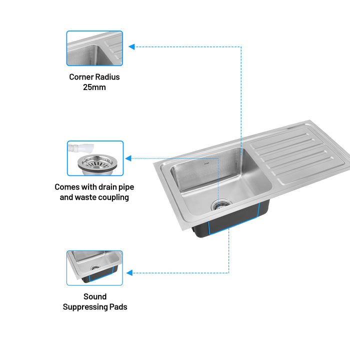 Stainless Steel Grade 304 Sink for Kitchen, Single Bowl Press Sink with Side Drain Board 40x20x8 inches, Matte Finish (KS-SP40208SBSDM)