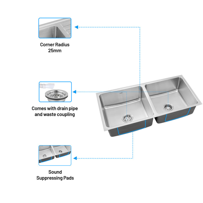 Stainless Steel Grade 304 Sink for Kitchen, Double Bowl Press Sink Low Radius 45x20x10 inches, Matte Finish (KS-SP452010DBLRM)