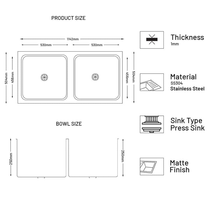 Stainless Steel Grade 304 Sink for Kitchen, Double Bowl Press Sink Low Radius 45x20x10 inches, Matte Finish (KS-SP452010DBLRM)