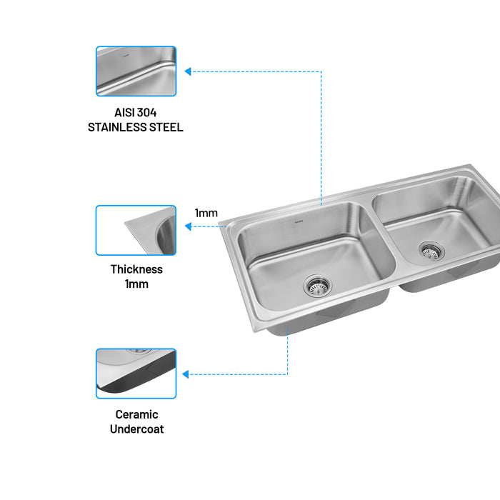 Stainless Steel Grade 304 Sink for Kitchen, Double Bowl Press Sink 45x20x9 inches, Glossy Finish (KS-SP45209DBG)