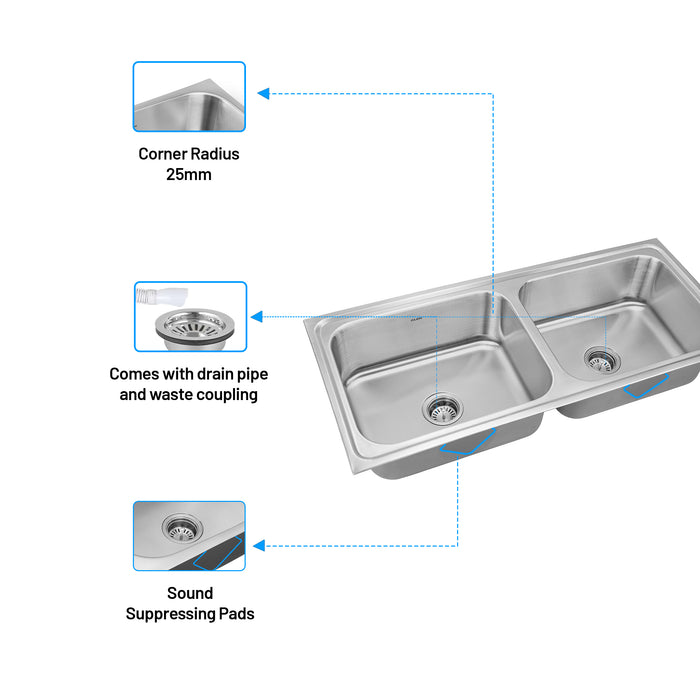 Stainless Steel Grade 304 Sink for Kitchen, Double Bowl Press Sink 45x20x9 inches, Glossy Finish (KS-SP45209DBG)