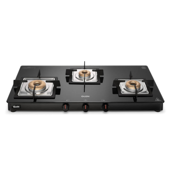 3 Burner Ultra Slim Glass Gas Stove with High Flame Forged Brass Burner - Manual/Auto Ignition (1038 SL SQ BL FB)