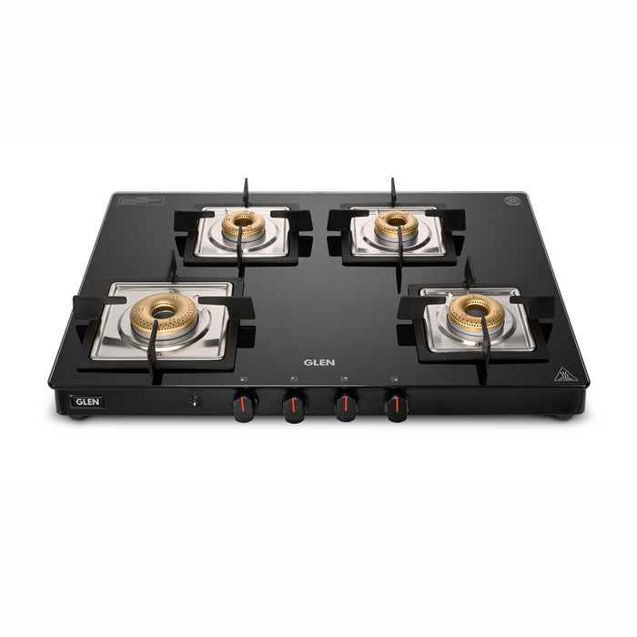 4 Burner Ultra Slim Glass Gas Stove 1 High Flame 3 Forged Brass Burner - Manual / Auto Ignition (1048 SL SQ  BL FB)