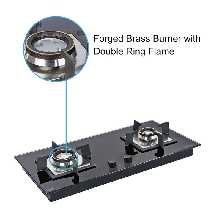 2 Burner Glass Hob Top with Double Ring Forged Brass Burners Auto Ignition (1022 SQ HT DB)