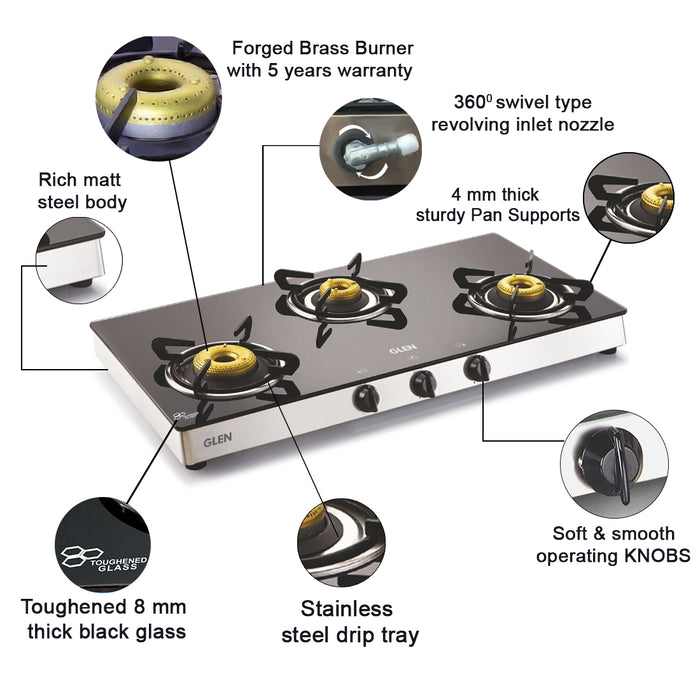 3 Burner  Glass Gas Stove with High Flame Forged Brass Burner Double Drip Tray (1038 GT FB)