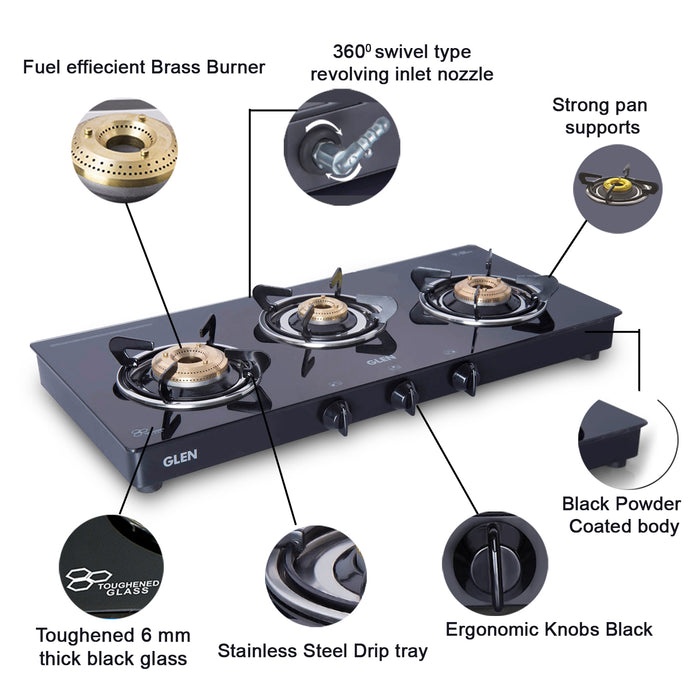 3 Burner  Glass Gas Stove with Brass Burner Black (1033GT BB BL) - Manual/Auto Ignition