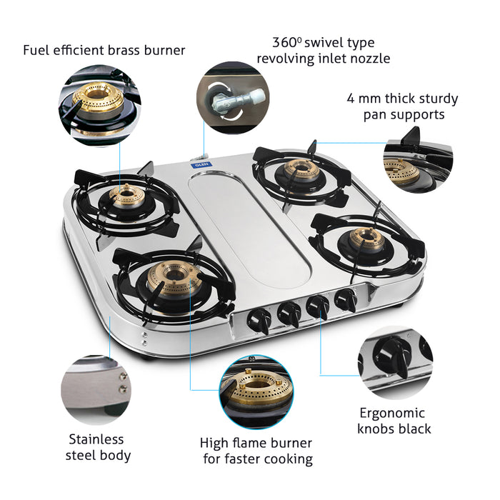 4 Burner  Stainless Steel Gas Stove Extra Wide 1 High Flame 3 Brass Burner (1044 XL SS HF BB)