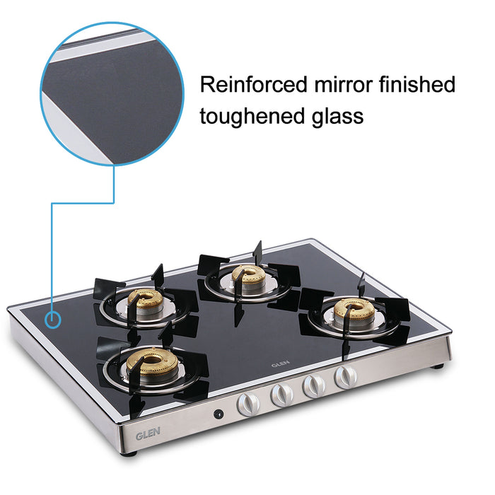 4 Burner Glass Gas Stove Mirror Finish 1 High Flame 3 Forged Brass Burners Auto Ignition 70 CM (1048GT FBMAI)