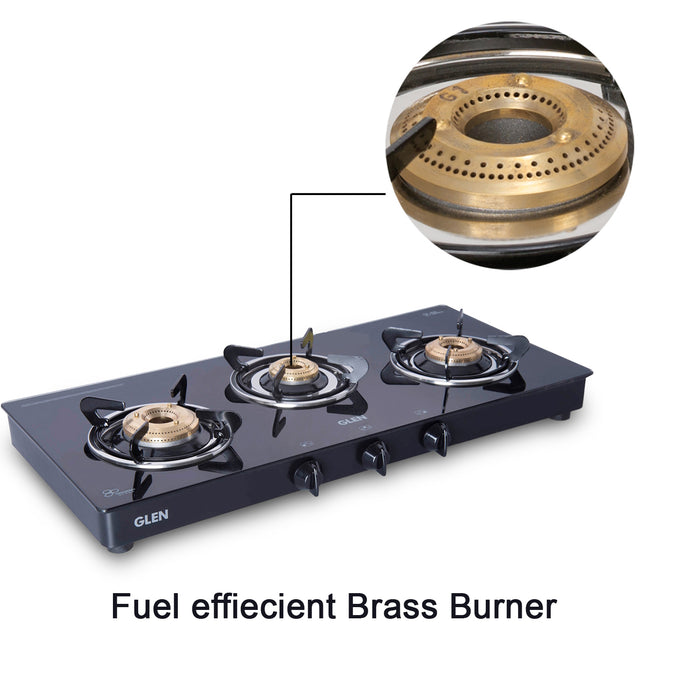 3 Burner  Glass Gas Stove with Brass Burner Black (1033GT BB BL) - Manual/Auto Ignition