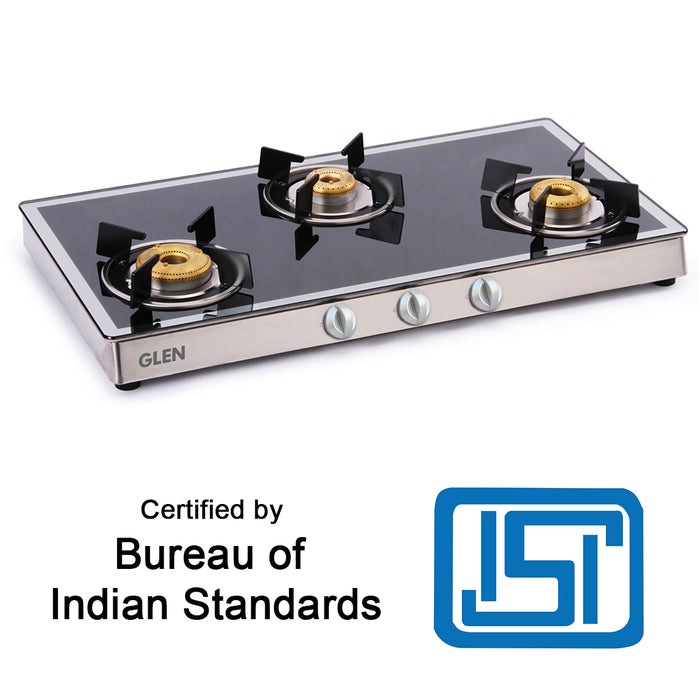 3 Burner  Mirror Finish Glass Gas Stove with High Flame Forged Brass Burner (1038GT FBM)