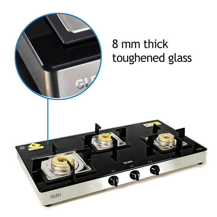 3 Burner  Black Glass Gas Stove with High Flame Forged Brass Burner (1038 SQ GT FB)