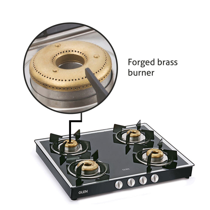 4 Burner Glass Gas Stove Mirror Finish 1 High Flame 3 Forged Brass Burner 60 CM Black (1042 GT FBM BL)