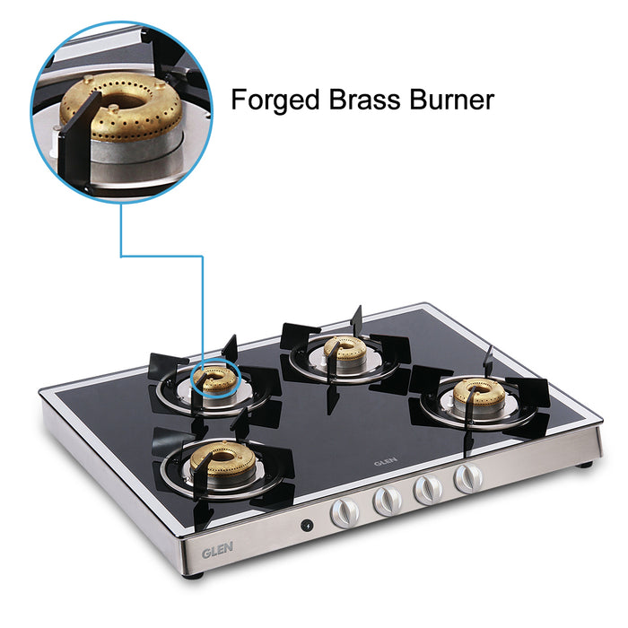 4 Burner Glass Gas Stove Mirror Finish 1 High Flame 3 Forged Brass Burners Auto Ignition 70 CM (1048GT FBMAI)