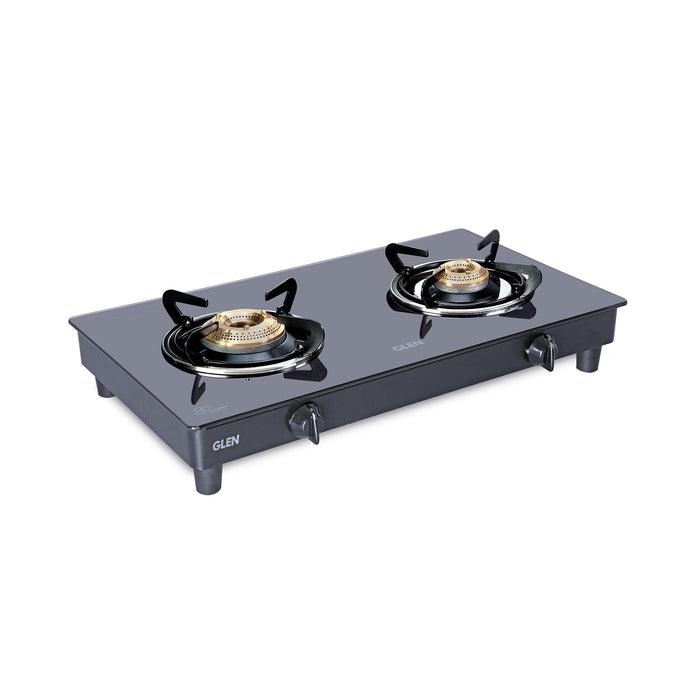 2 Burner Glass Gas Stove with High Flame Brass Burner Black (1021 GT HF BB BL) - Manual/Auto Ignition