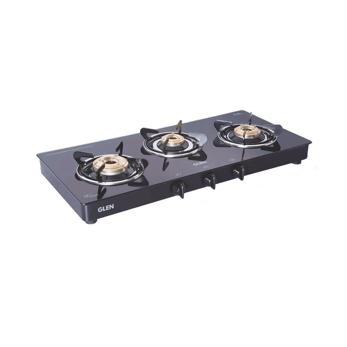 3 Burner Glass Gas Stove with High Flame Brass Burner Extra Large Black (1033 GTXL BB BL) - Manual/ Auto Ignition