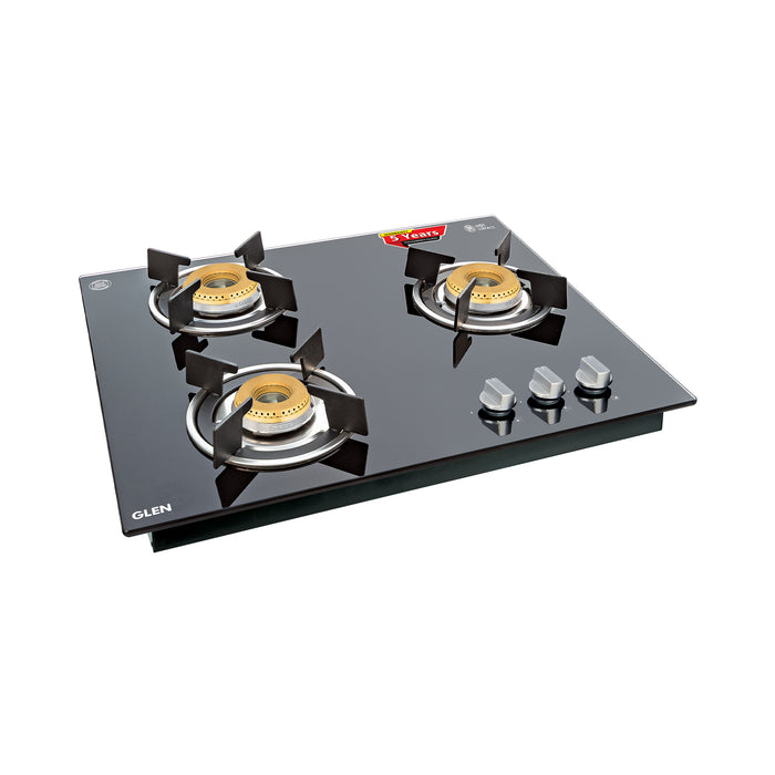 3 Burner Glass Hob Top with Italian Double Ring Brass Burners Auto Ignition (1063 RO IN HT BB)