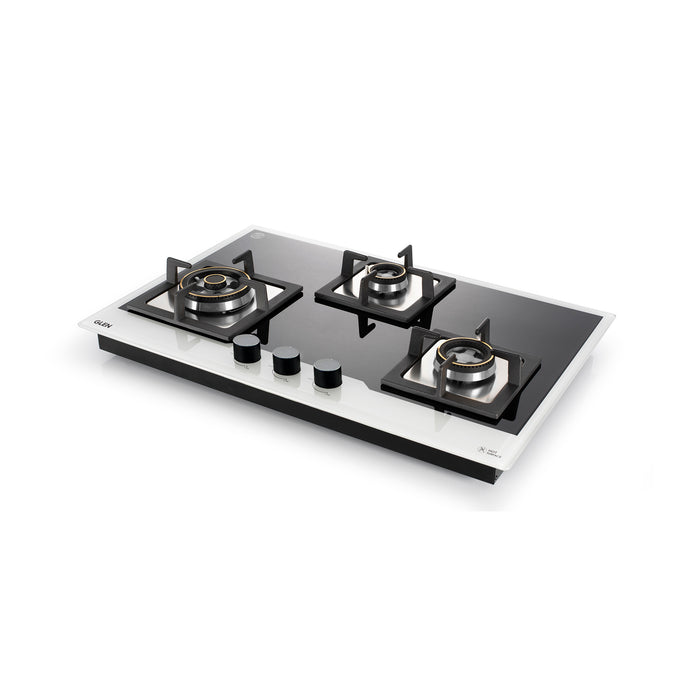 3 Burner Glass Hob Top Triple Ring Burner Double Ring Forged Brass Burners Auto Ignition (1073 XL SQ HT DB TR BW77)