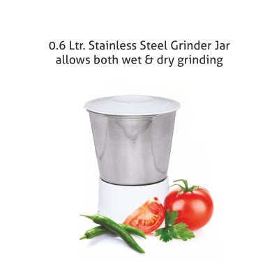 3-in-1 Juicer Mixer Grinder 500W with 1 Transparent Liquidiser, 1 Stainless Steel Grinder Jars - White (4010)