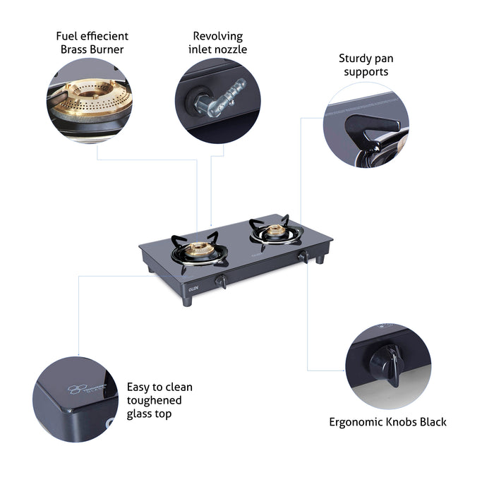 2 Burner Glass Gas Stove with High Flame Brass Burner Black (1021 GT HF BB BL) - Manual/Auto Ignition