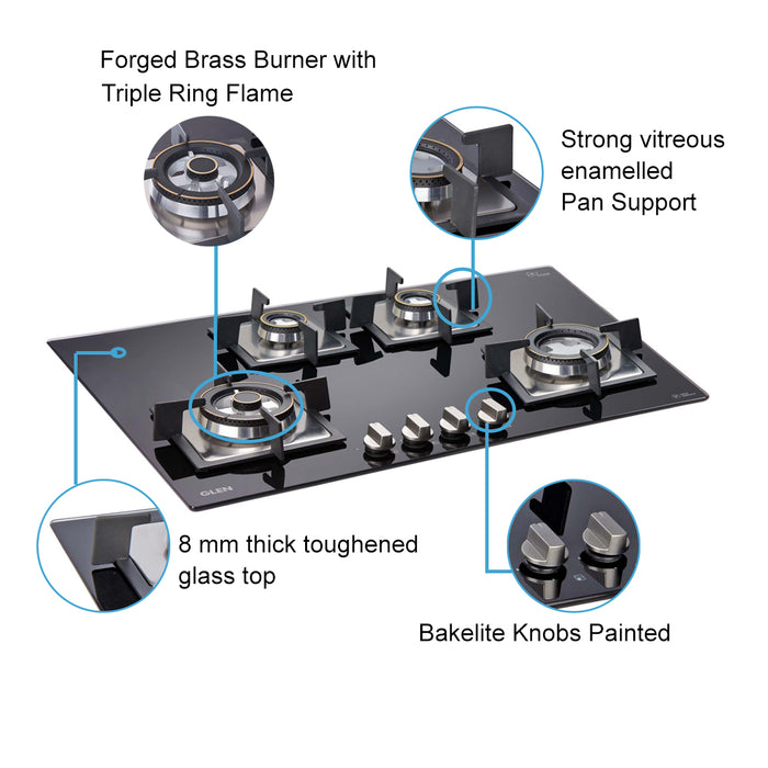 4 Burner Built-in Glass Hob Triple Ring Burner Forged Brass Double Ring Burner Auto Ignition (1074 SQ DB TR)