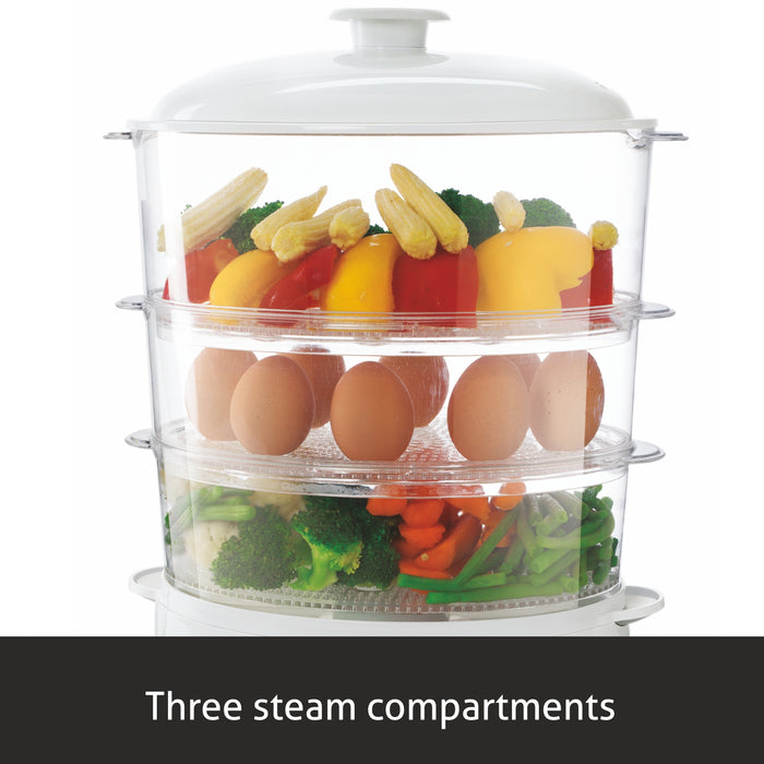 Electric Steam Cooker 900w with 60 minute Timer, 3 Food Grade Containers  - white (3052)