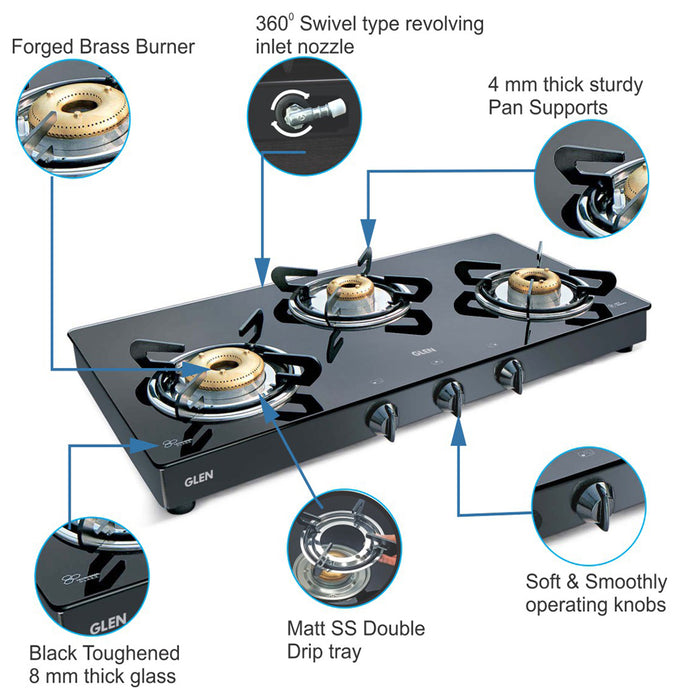 3 Burner Glass Gas Stove High Flame Forged Brass Burner XL Double Drip Tray Black (1033 GTXLFBBLDD) - Manual/Auto Ignition