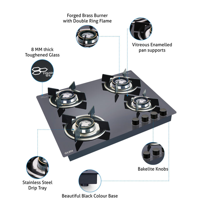 4 Burner Glass Hob Top with Double Ring Forged Brass Burner Auto Ignition (1064 RO HT DB)
