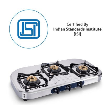 3 Burner  Stainless Steel Gas Stove with High Flame Brass Burner (1037 SS HF BB)