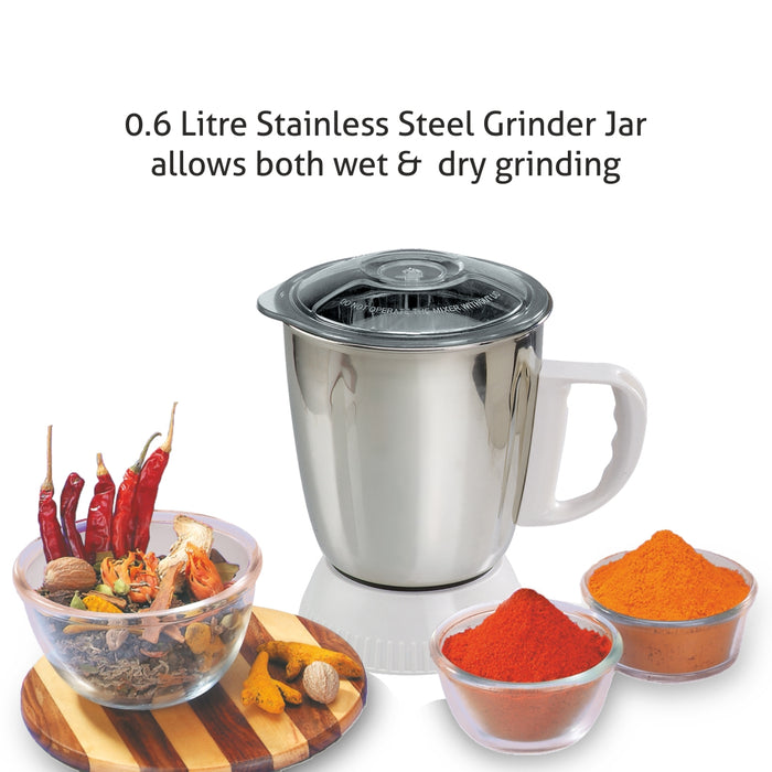 Mixer Grinder 750W with 1 Liquidiser Jar Fruit Filter 2 Stainless Steel Grinder, Chutney Jars - White (4026)