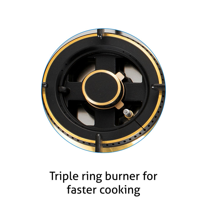 4 Burner Glass Gas Hob Top with Triple Ring, Mini TR Total Double Ring Brass Burner (1094XLCIHTT2TR)