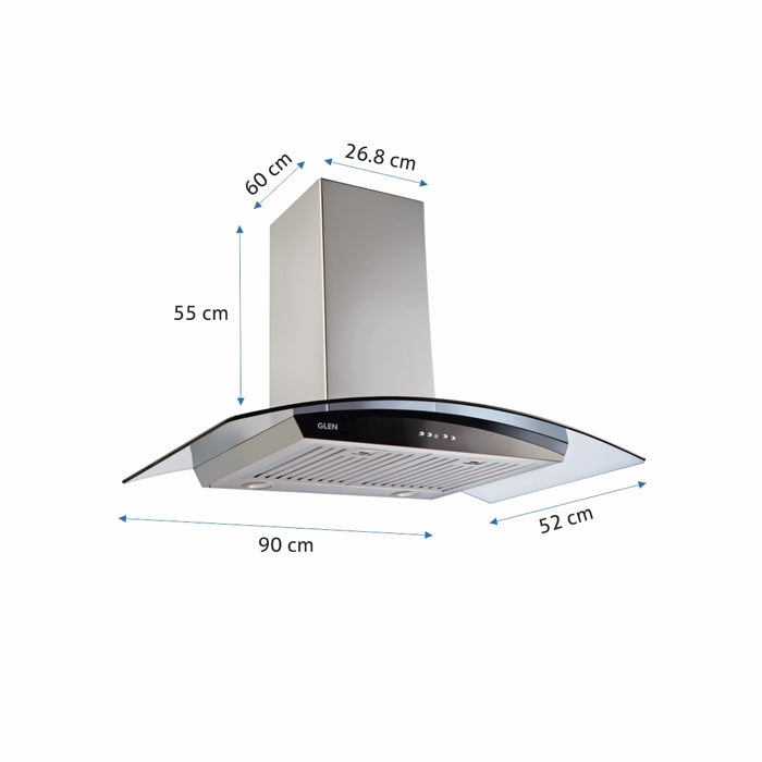 Kitchen Chimney Curved Glass, Push Buttons Baffle filter 90cm 1250 m3/h -Silver (6071 GF)