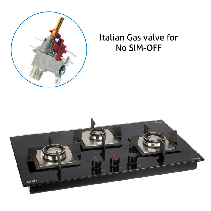 3 Burner Glass Hob Top Forged Brass Burners with Flame Failure Device Auto Ignition (1073 SQ HT DB FFD)
