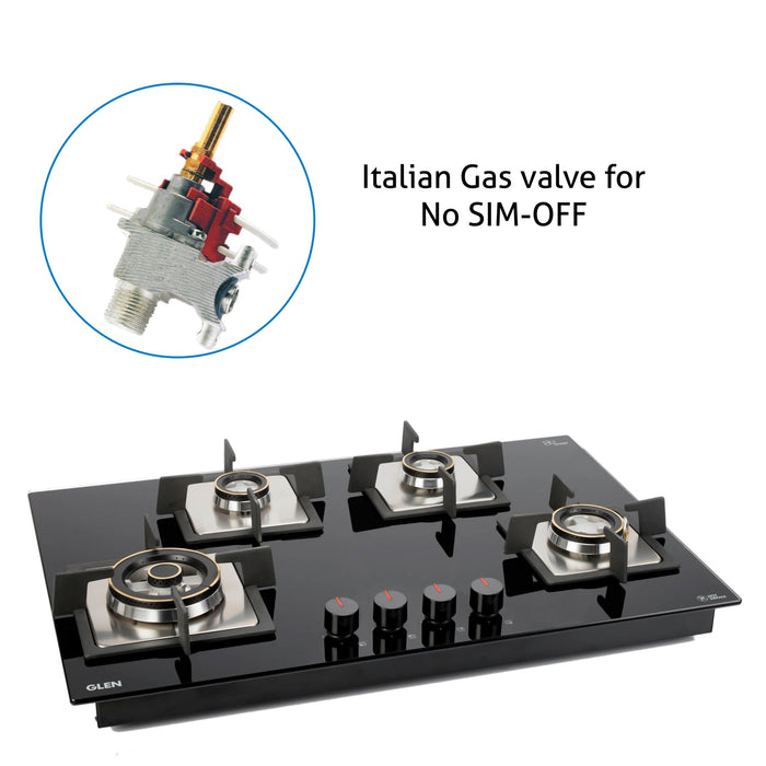 4 Burner Glass Hob Top Triple Ring, Double Ring Forged Brass Burner Flame Failure Device Auto Ign (1074 SQHTTRFFD)