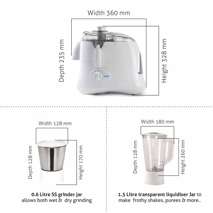 Juicer Mixer Grinder 500W with 1 Transparent Liquidizer, 1 Stainless Steel Grinder Jar - White (4011)