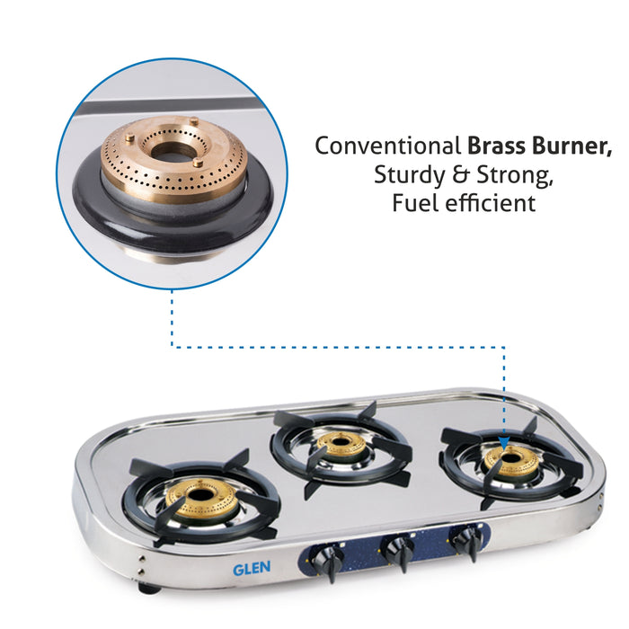 3 Burner Stainless Steel  Gas Stove with High Flame Brass Burner Drip Tray (1033 SS HFDT BB)
