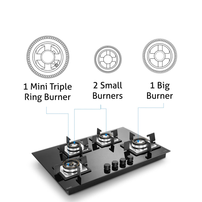 4 Burner Glass Gas Hob Top Mini Triple Ring Burner Double Ring Forged Brass Burner Auto Ignition (1074SQHTMTR)