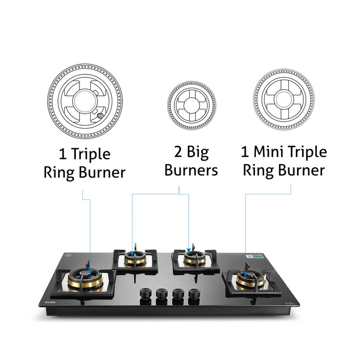 4 Burner Glass Gas Hob Top with Triple Ring, Mini TR Total Double Ring Brass Burner (1094XLCIHTT2TR)