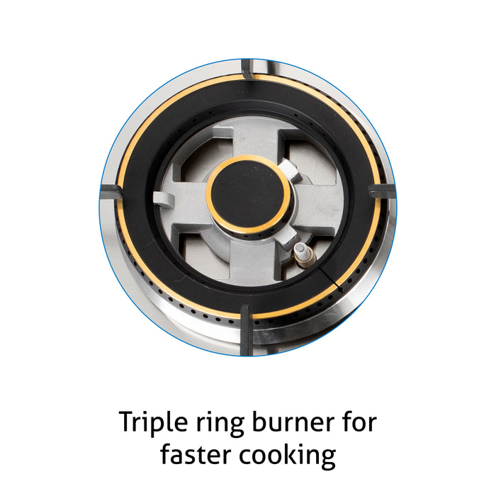 3 Burner Glass Hob Top Mini Triple Ring Burner Double Ring Forged Brass Burners Auto Ignition (1073SQHTMTR)