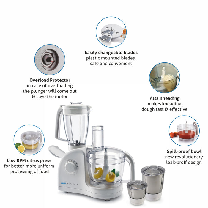 Food Processor Kitchen Machine 700W 3 Jars, Centrifugal and Citrus Juicer 4 SS Disc Blades -White (4052FP)