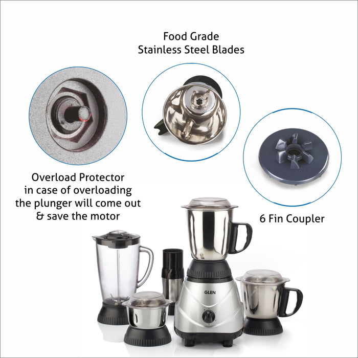 Mixer Grinder 750W 100% Copper Motor, 1 Transparent Jar, 3 Stainless Steel Jars, - Silver (4022 PLAT PLUS)