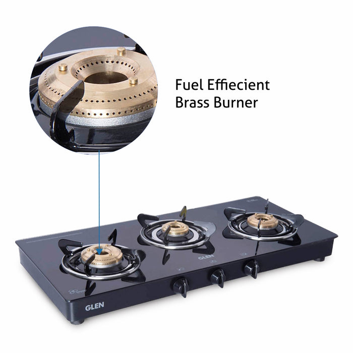 3 Burner Glass Gas Stove with High Flame Brass Burner Extra Large Black (1033 GTXL BB BL) - Manual/ Auto Ignition