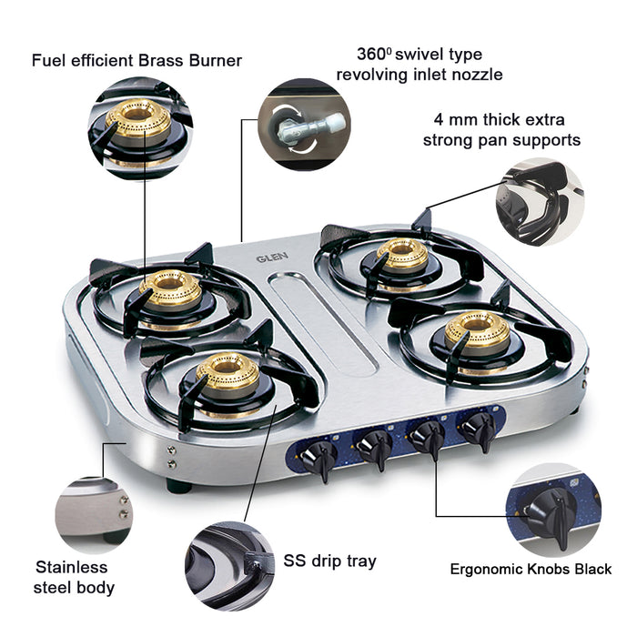 4 Burner  Stainless Steel Gas Stove with Brass Burner (1044 SS)