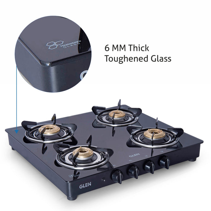 4 Burner Glass Gas Stove with Brass Burner Auto Ignition, Black (1043 GT BB BL AI)