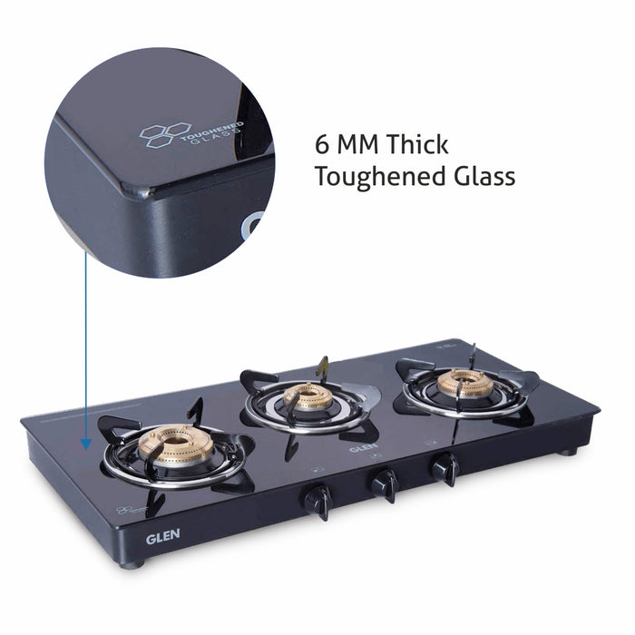 3 Burner Glass Gas Stove with High Flame Brass Burner Extra Large Black (1033 GTXL BB BL) - Manual/ Auto Ignition