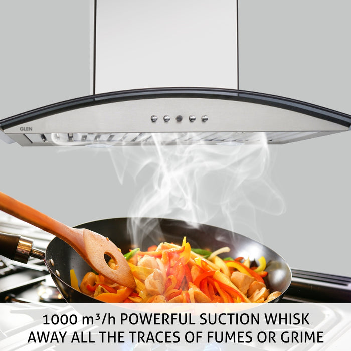 Kitchen Chimney Curved Glass Push Buttons Italian Motor, Baffle filter 60cm 1000 m3/h -Silver (6071 SS)