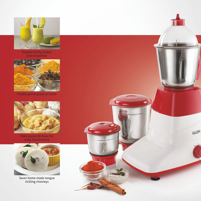 Mixer Grinder 500W with 3 Stainless Steel Liquidiser, Grinder and Chutney Jars - Red (4025LX)