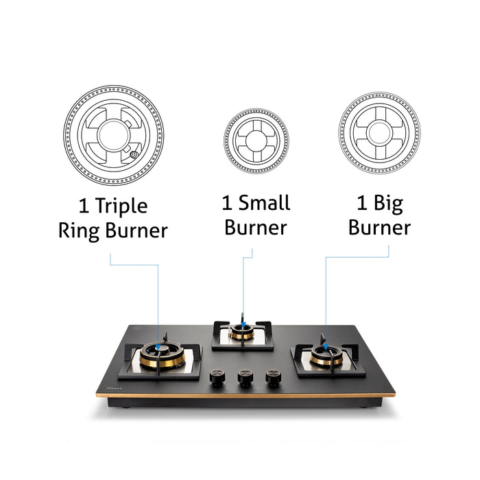 3 Burner Glass Hob Top Mini Triple Ring Burner Total Brass Burners Auto Ignition (1073XLCIHTTTRMG)