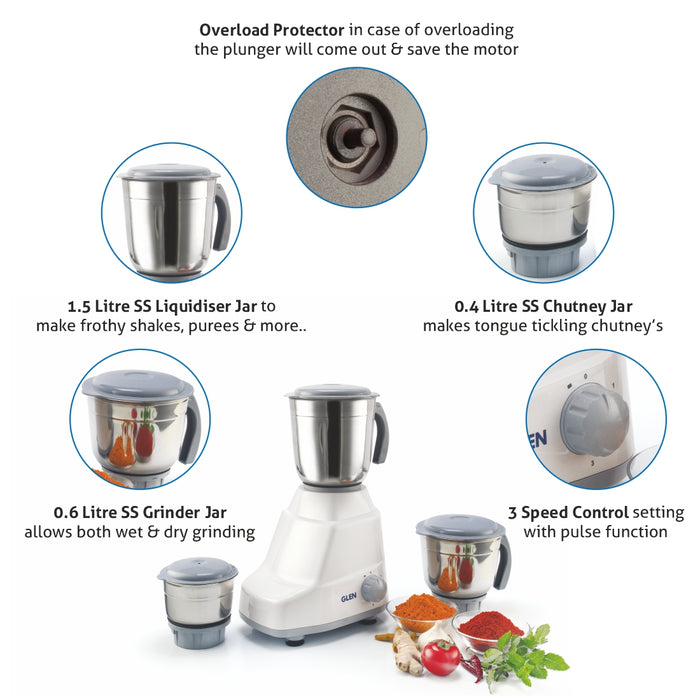 Mixer Grinder 500W 100% Copper Motor With 3 Stainless Steel Blender, Grinder and Chutney Jars - White (4020)