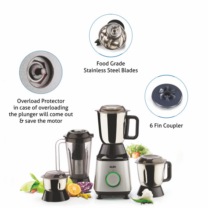 Mixer Grinder 750W 100% Copper Motor, 1 Transparent Jar, 3 Stainless Steel Jars, - Silver (4030 PLUS)