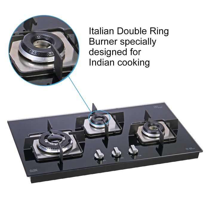 3 Burner Glass Hob Triple Ring Burner Italian Double Ring Burner Auto Ignition (1073 SQHTINTR)